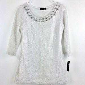La Vanya NEW white lace silver embellished pullover tunic blouse